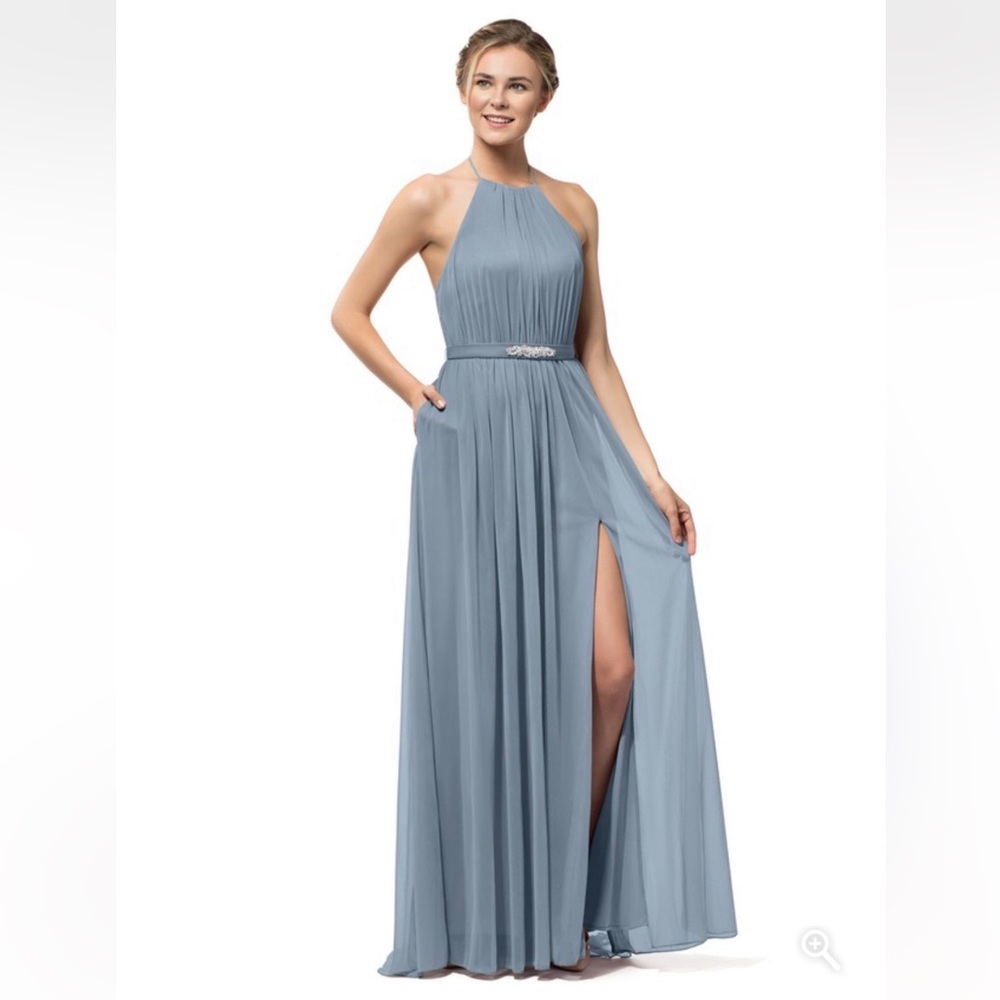 Azazie dusty blue low back gown